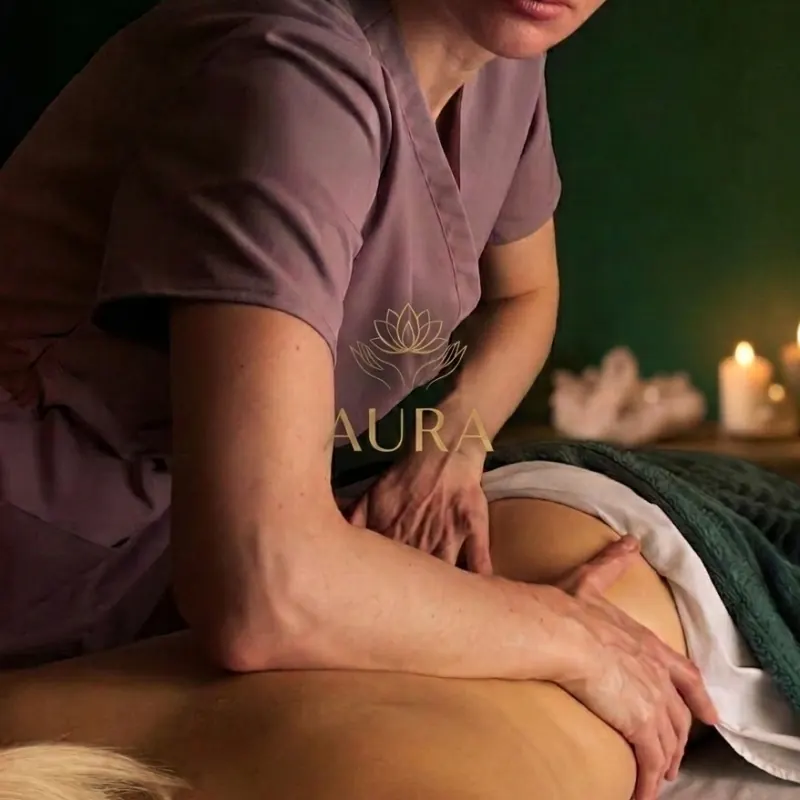 Анна работает со спиной гостьи в кабинете AURA