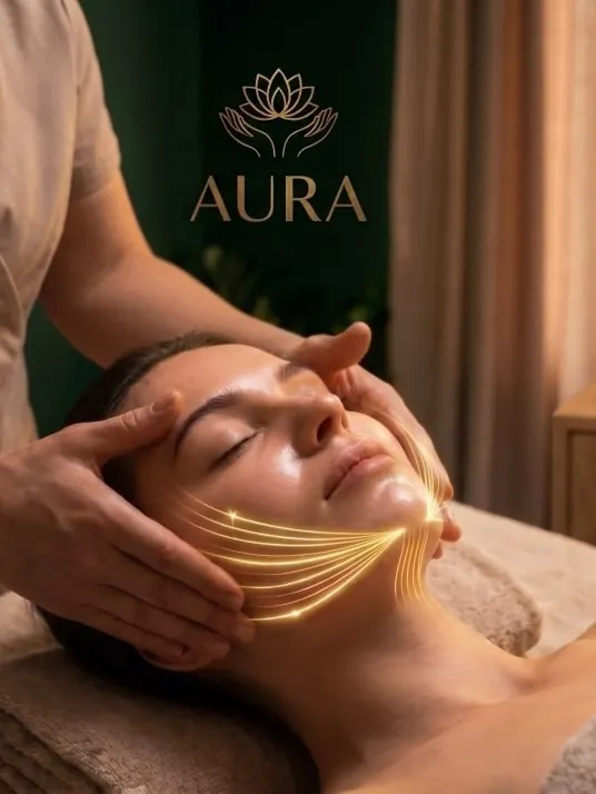 Массаж лица: ладони мастера на скулах гостьи