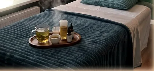 Поднос с травяным чаем на кушетке после сеанса